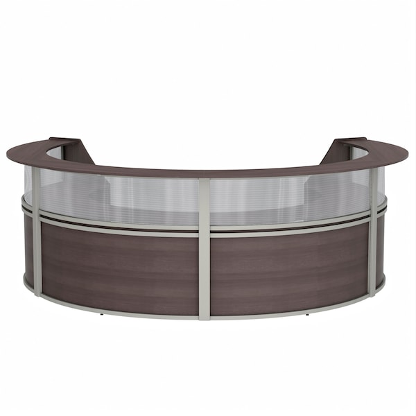 Reception Desk 107 in D X 46 in H, 11.8 ft W X Thermofused Laminate, Clear, Mocha